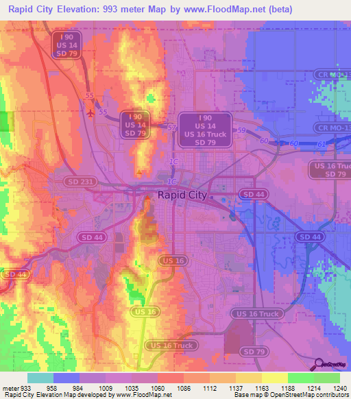 Rapid City,US Elevation Map