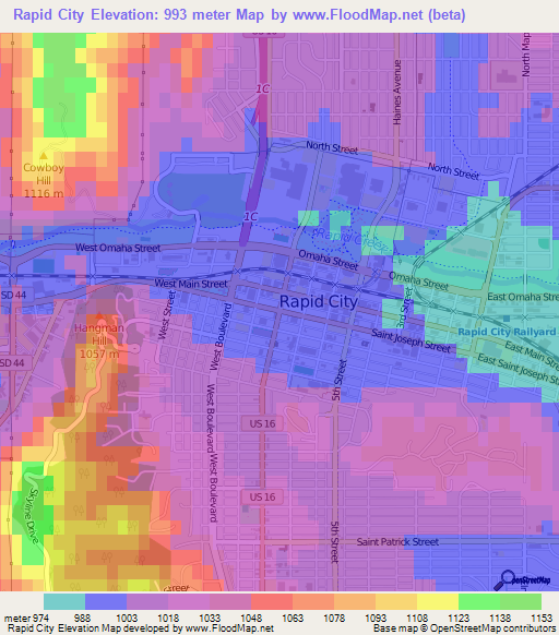 Rapid City,US Elevation Map