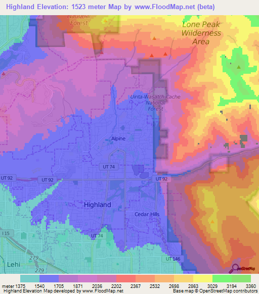 Highland,US Elevation Map