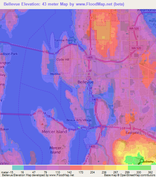 Bellevue,US Elevation Map