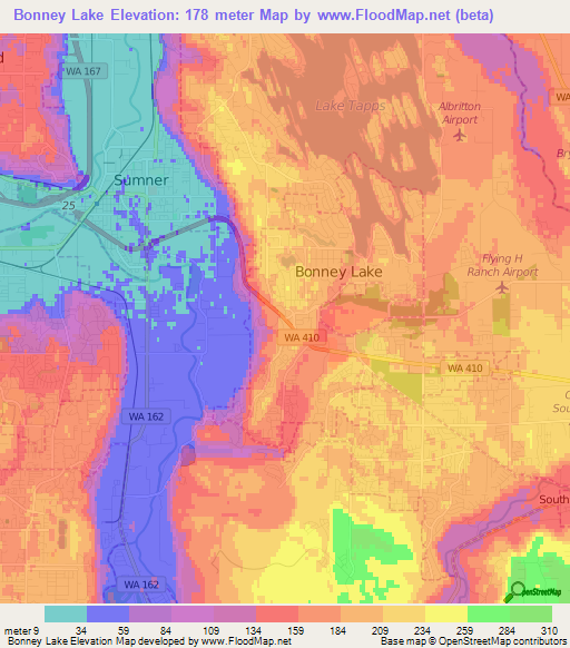 Bonney Lake,US Elevation Map