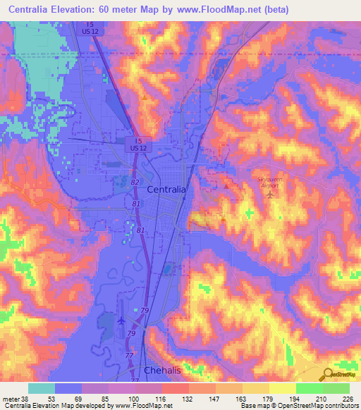 Centralia,US Elevation Map