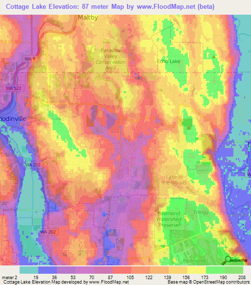 Cottage Lake,US Elevation Map