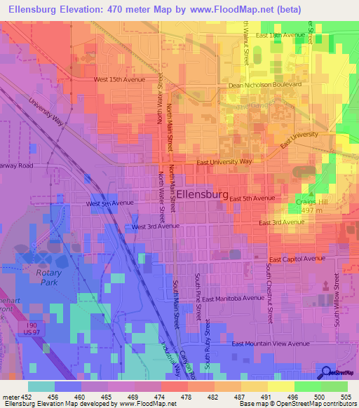 Ellensburg,US Elevation Map