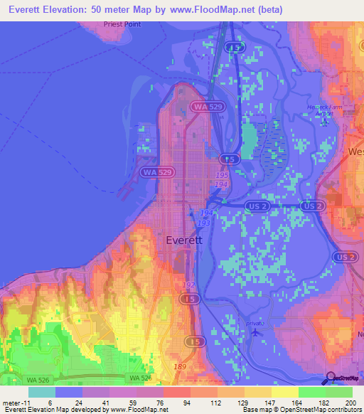 Everett,US Elevation Map