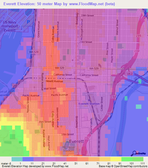 Everett,US Elevation Map