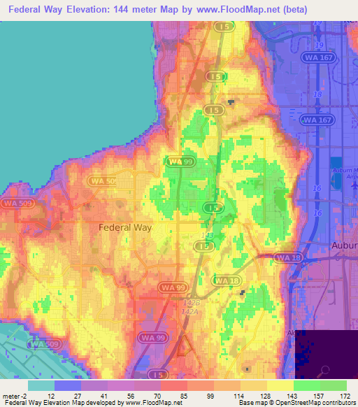 Federal Way,US Elevation Map