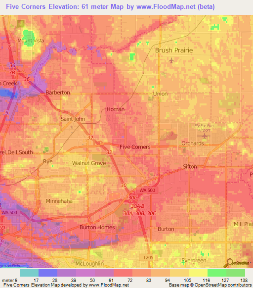 Five Corners,US Elevation Map