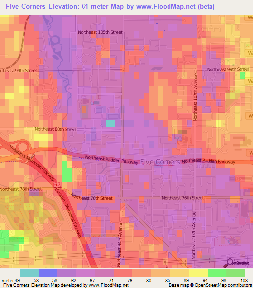 Five Corners,US Elevation Map