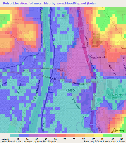 Kelso,US Elevation Map