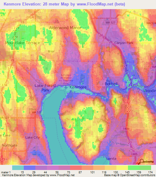 Kenmore,US Elevation Map