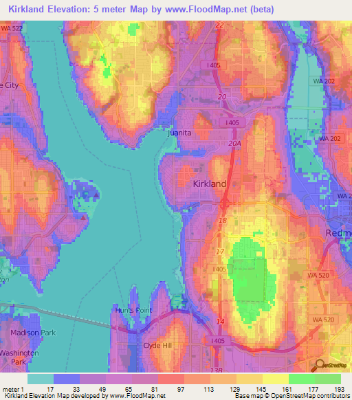 Kirkland,US Elevation Map