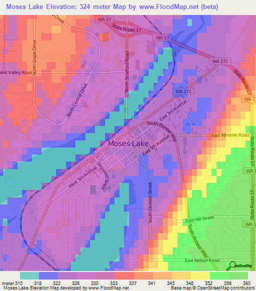 Moses Lake,US Elevation Map