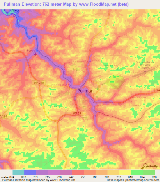 Pullman,US Elevation Map