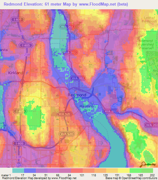 Redmond,US Elevation Map