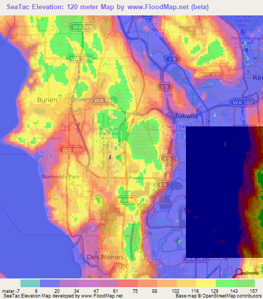 SeaTac,US Elevation Map