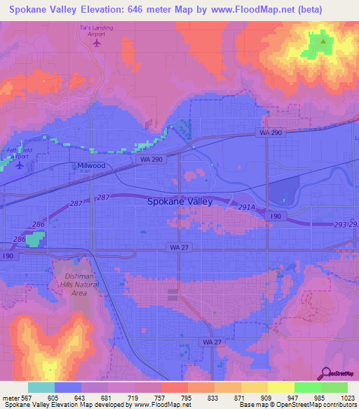 Spokane Valley,US Elevation Map