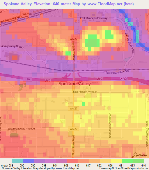 Spokane Valley,US Elevation Map