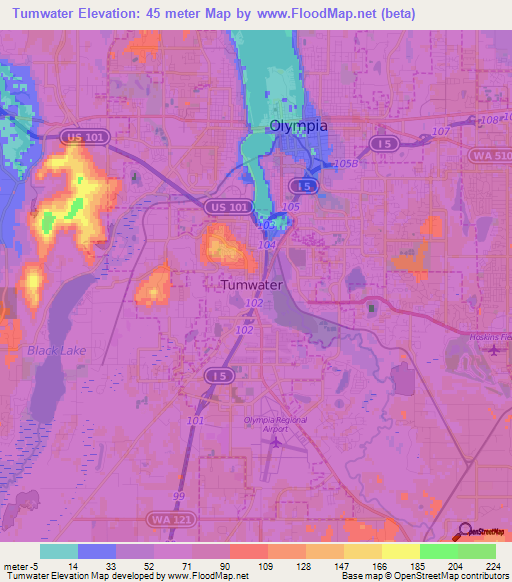 Tumwater,US Elevation Map