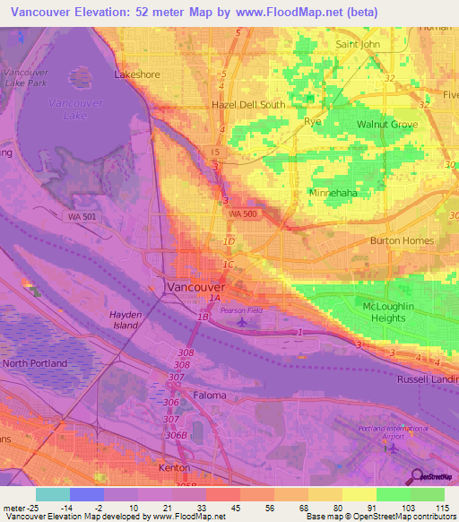 Vancouver,US Elevation Map