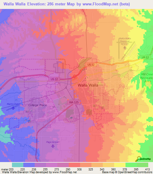 Walla Walla,US Elevation Map