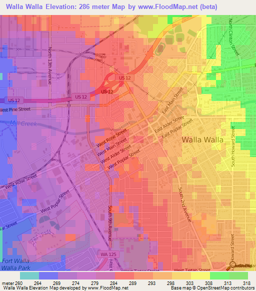 Walla Walla,US Elevation Map