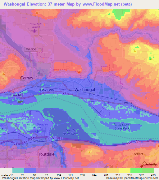 Washougal,US Elevation Map