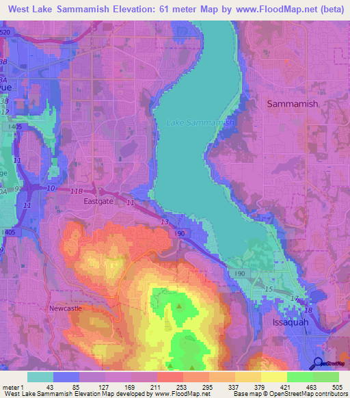 West Lake Sammamish,US Elevation Map