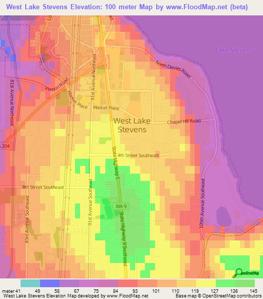 West Lake Stevens,US Elevation Map