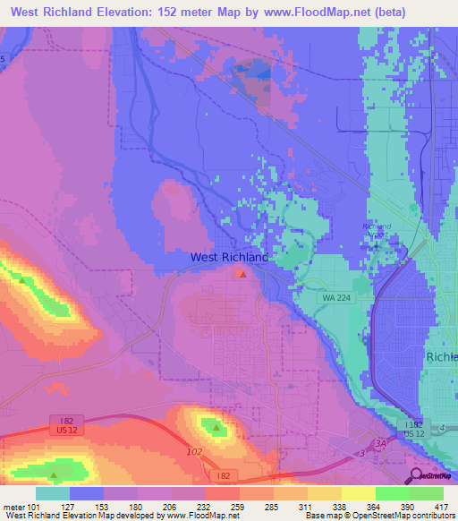 West Richland,US Elevation Map