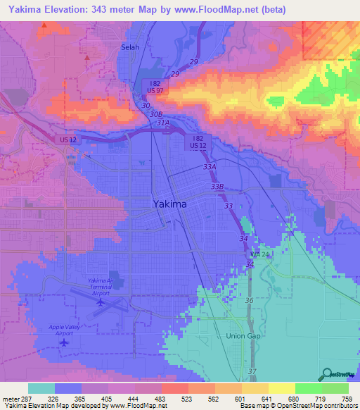 Yakima,US Elevation Map