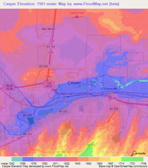 Casper,US Elevation Map