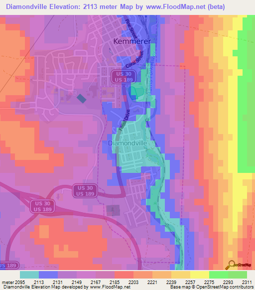 Diamondville,US Elevation Map