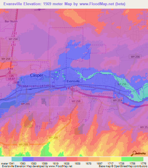 Evansville,US Elevation Map