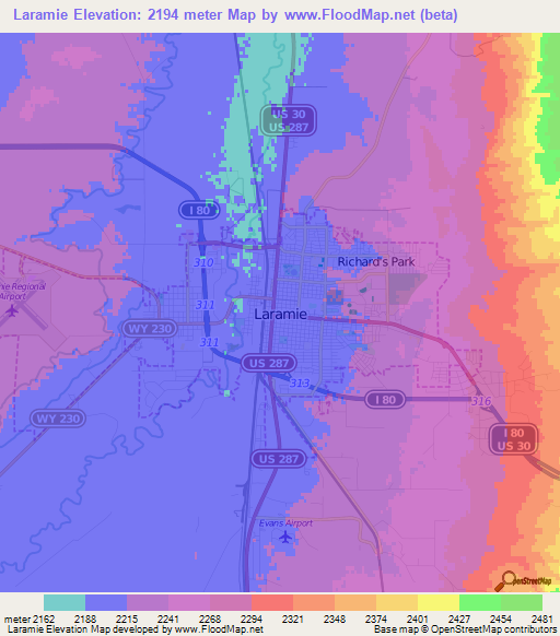 Laramie,US Elevation Map