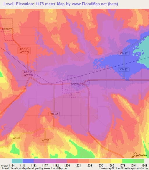 Lovell,US Elevation Map