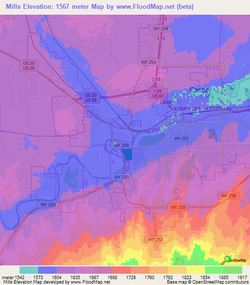 Mills,US Elevation Map