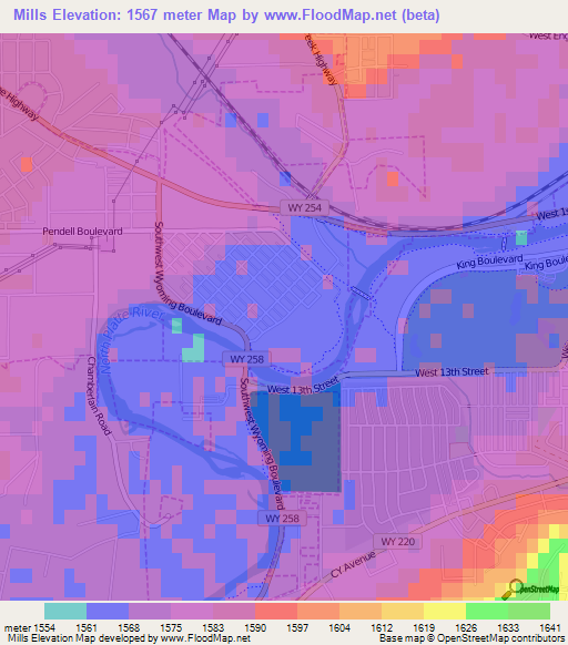 Mills,US Elevation Map