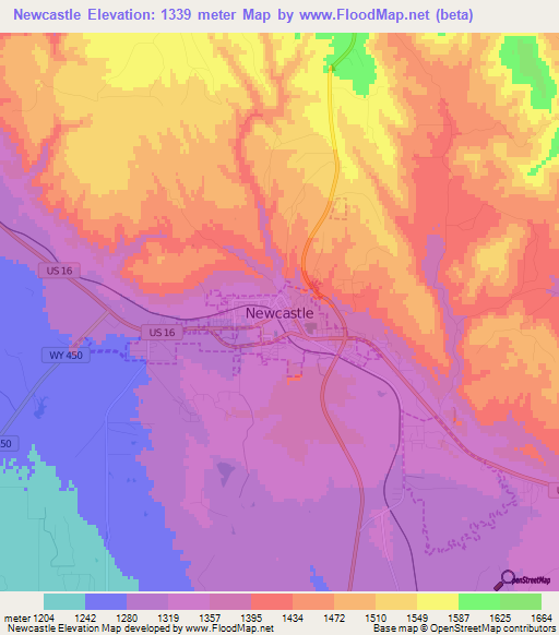 Newcastle,US Elevation Map