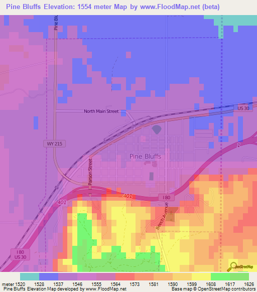 Pine Bluffs,US Elevation Map