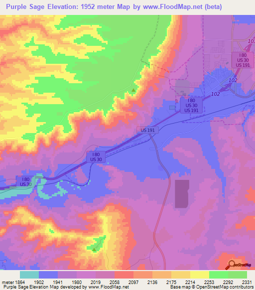 Purple Sage,US Elevation Map