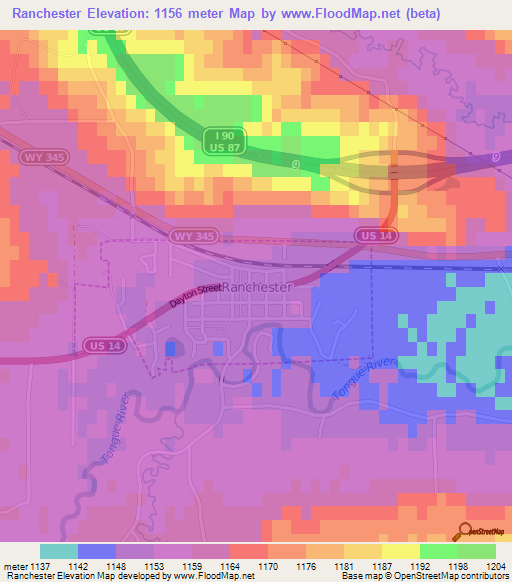 Ranchester,US Elevation Map