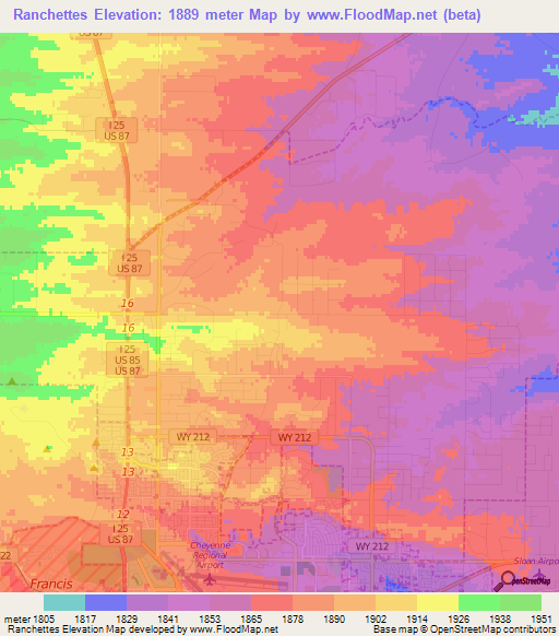 Ranchettes,US Elevation Map