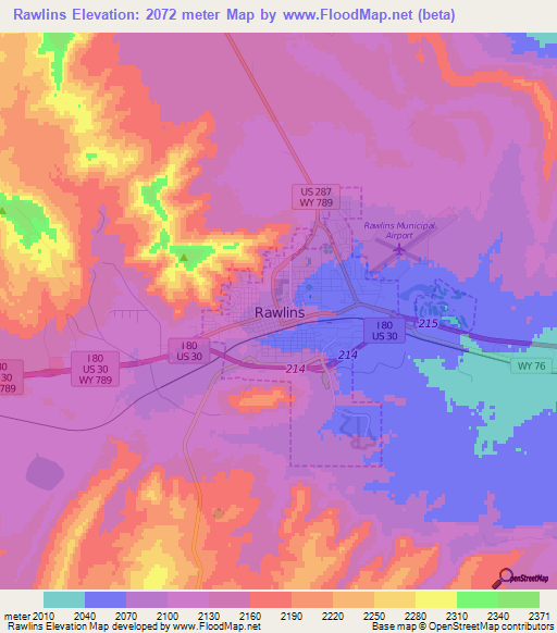 Rawlins,US Elevation Map