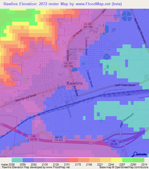 Rawlins,US Elevation Map