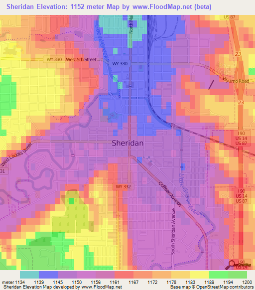 Sheridan,US Elevation Map