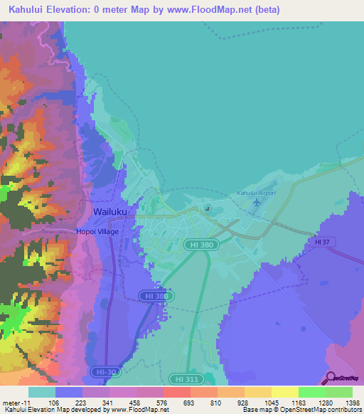 Kahului,US Elevation Map