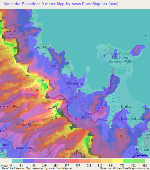 Kane'ohe,US Elevation Map