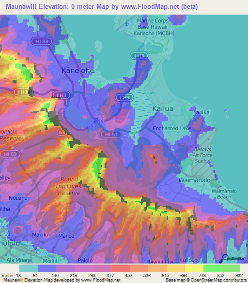 Maunawili,US Elevation Map