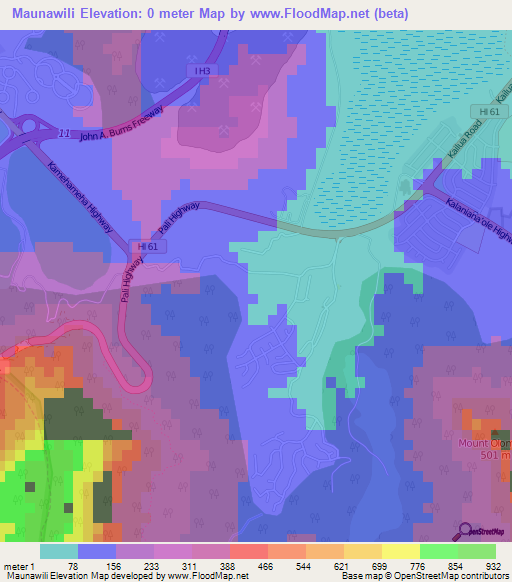 Maunawili,US Elevation Map